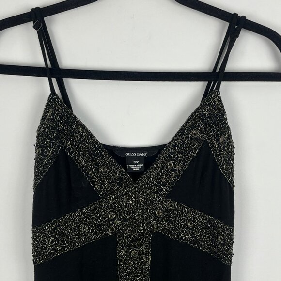 Guess Jeans A Line Dress Size S Black Sleeveless Spaghetti Strap Plunging V Neck - Picture 2 of 9